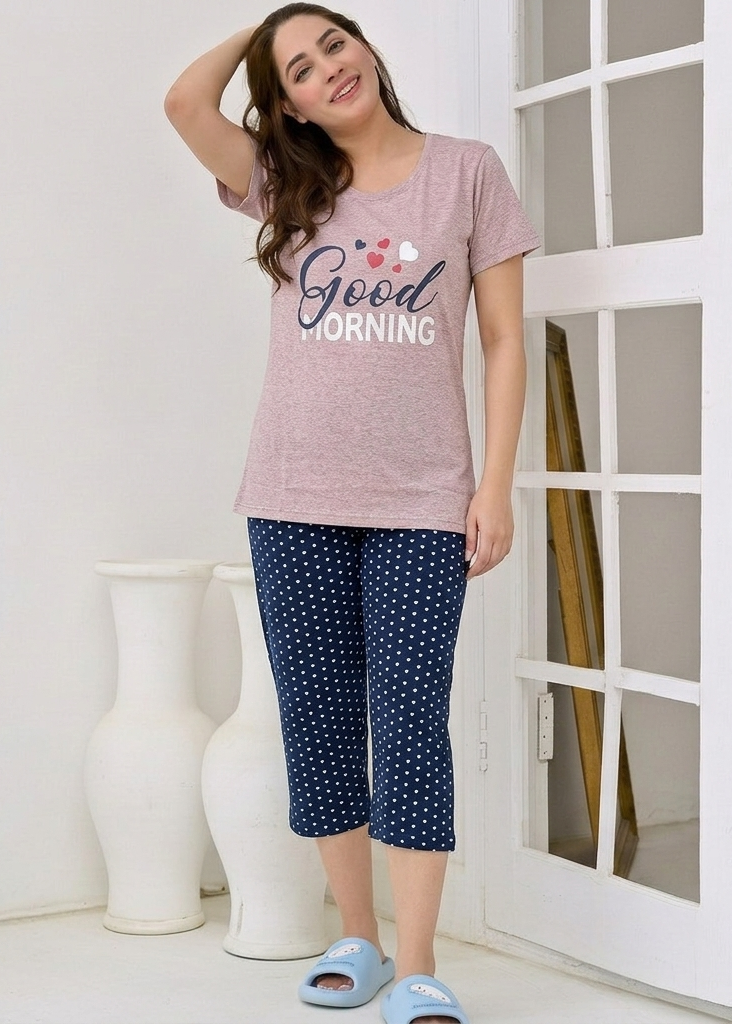 Good Morning Heart Print Capri Pajama Set