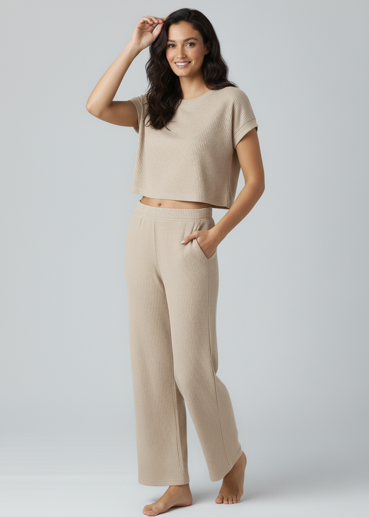 Rib Knit Wide Leg Pull On Pants Beige
