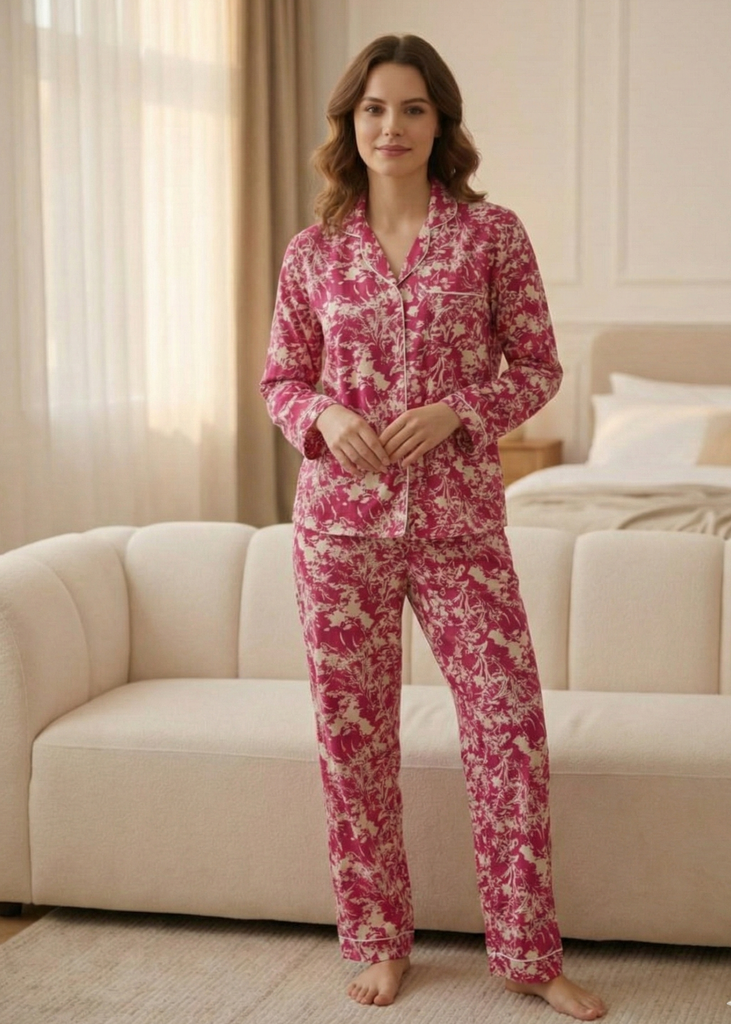 LINEN - Elegant Berry Bloom Loungewear Set