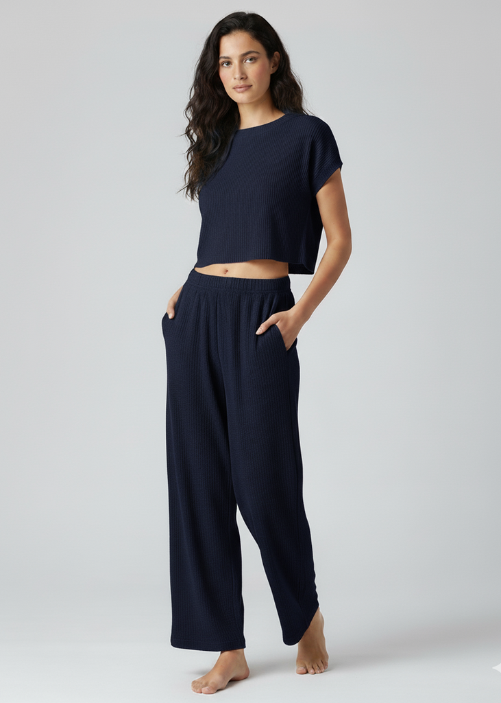 Rib Knit Wide Leg Pull On Pants Navy Blue