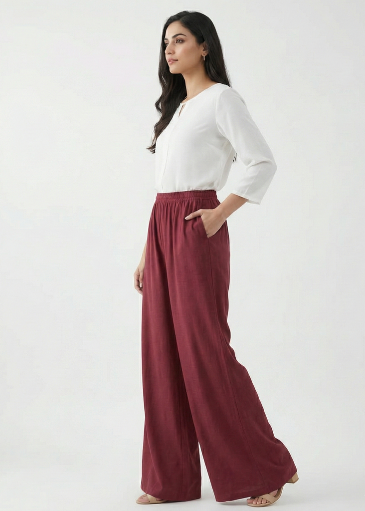 Flatter Wide Leg Maroon Trouser