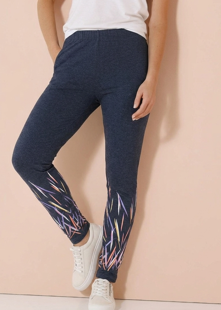 Blue Knit Leggings with Abstract Nature Print
