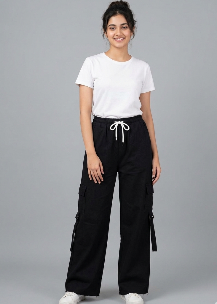 Black Cargo Wide Leg Elastic Waist Pant