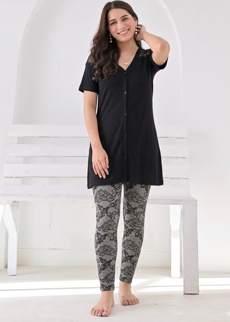 Lace Detail Printed Pyjamas with long shirt
