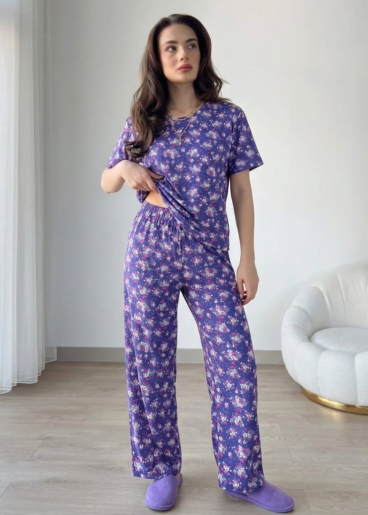 Lavender Floral Print Wide-Leg Pjs