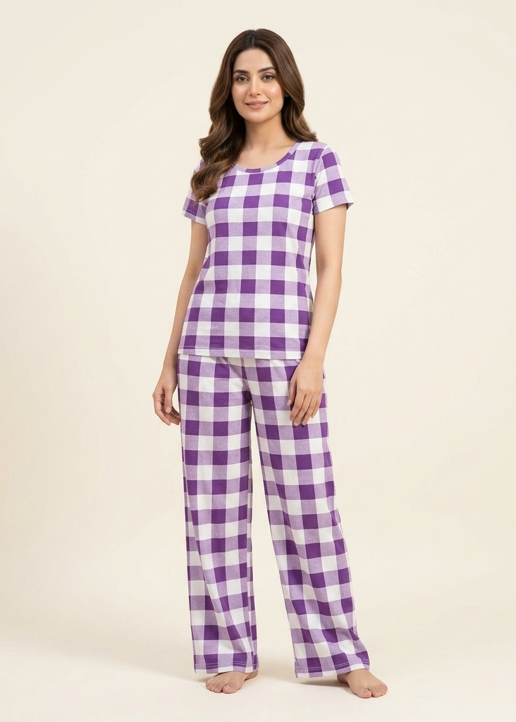 Premium Wide-Leg Purple & White Checkered Loungewear Set