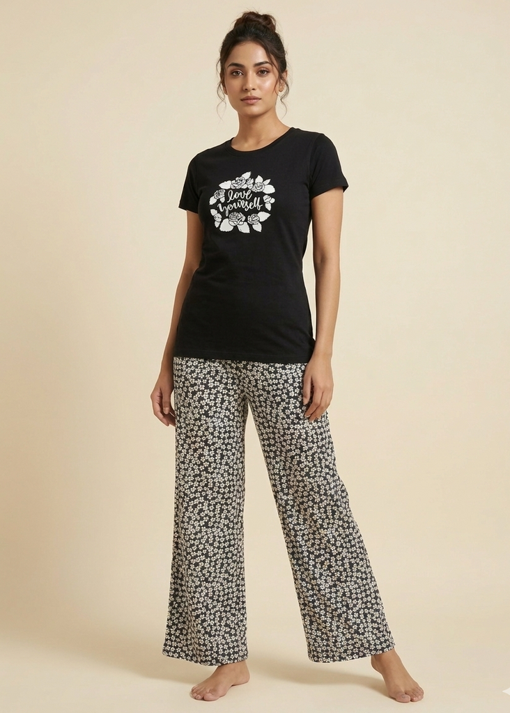 Wide-Leg Black Printed Night Suit with Floral Trousers