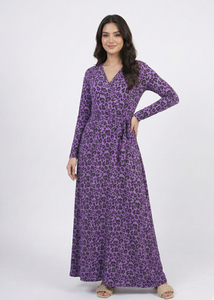 Purple Cheetah Print Double Breasted Long Dress