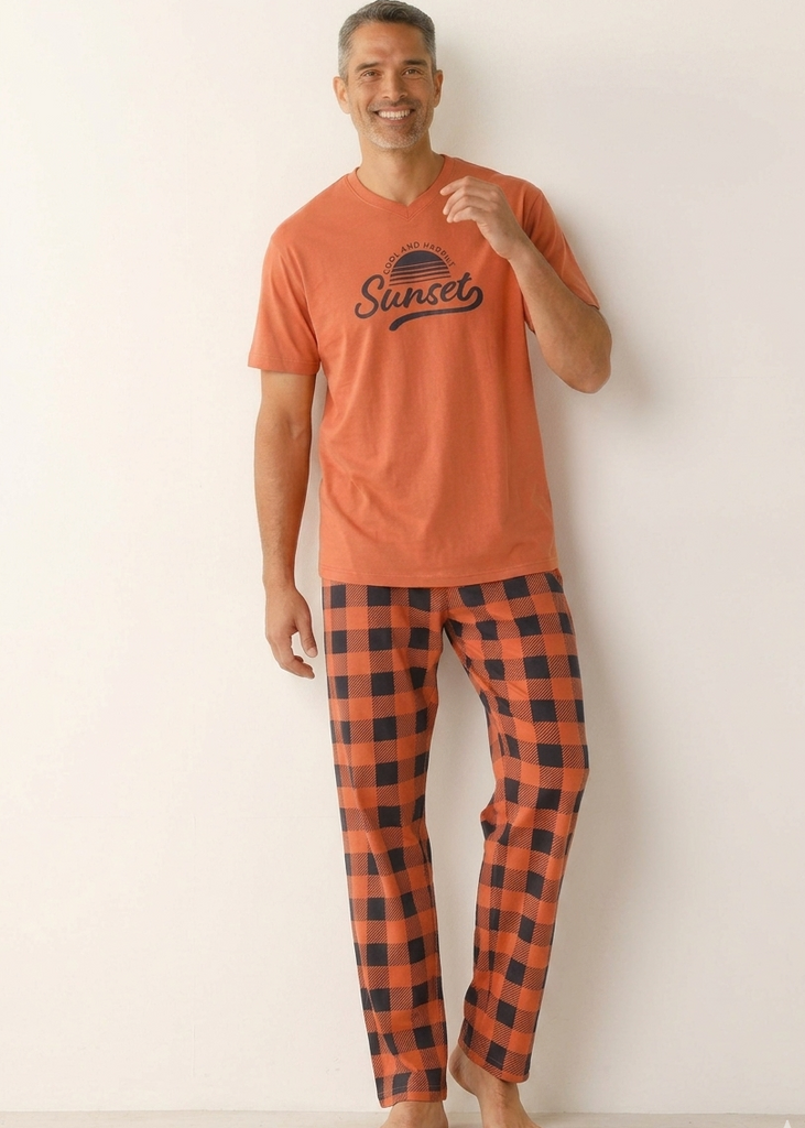Short-sleeved checked cotton pajamas