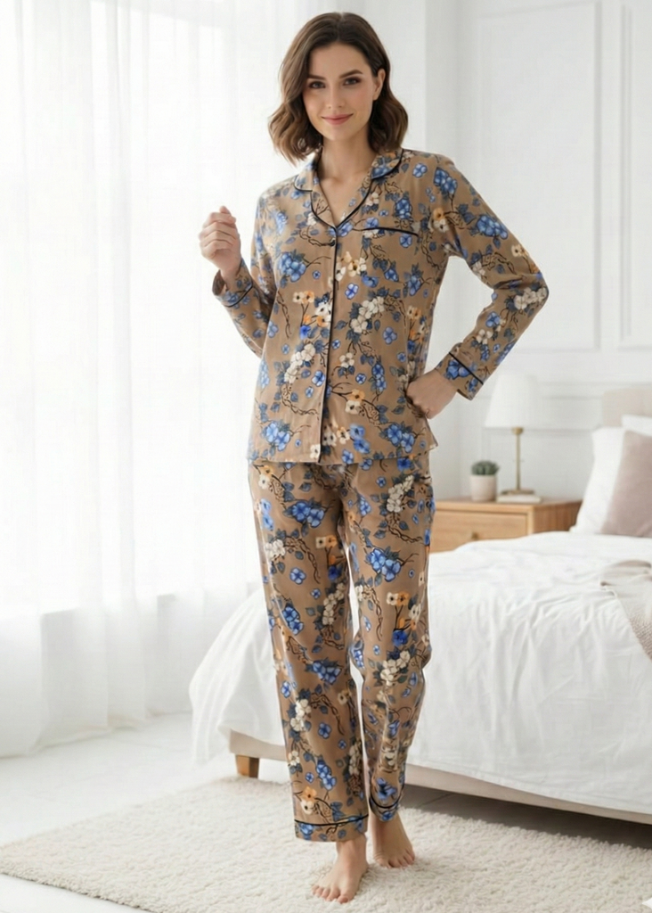 LINEN - Cozy Tan Button-Up Sleepwear Set with Blue Floral Details