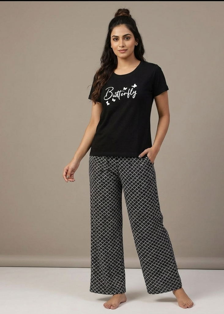 Premium Butterfly Print Wide-Leg Night Suit