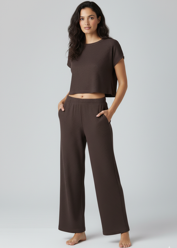 Rib Knit Wide Leg Pull On Pants Brown