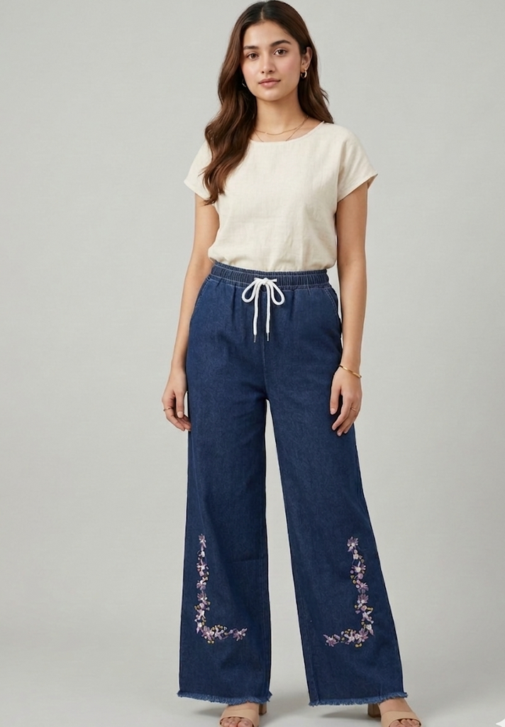 Dark Blue Denim Wide Leg Jeans With Flower Embroidery