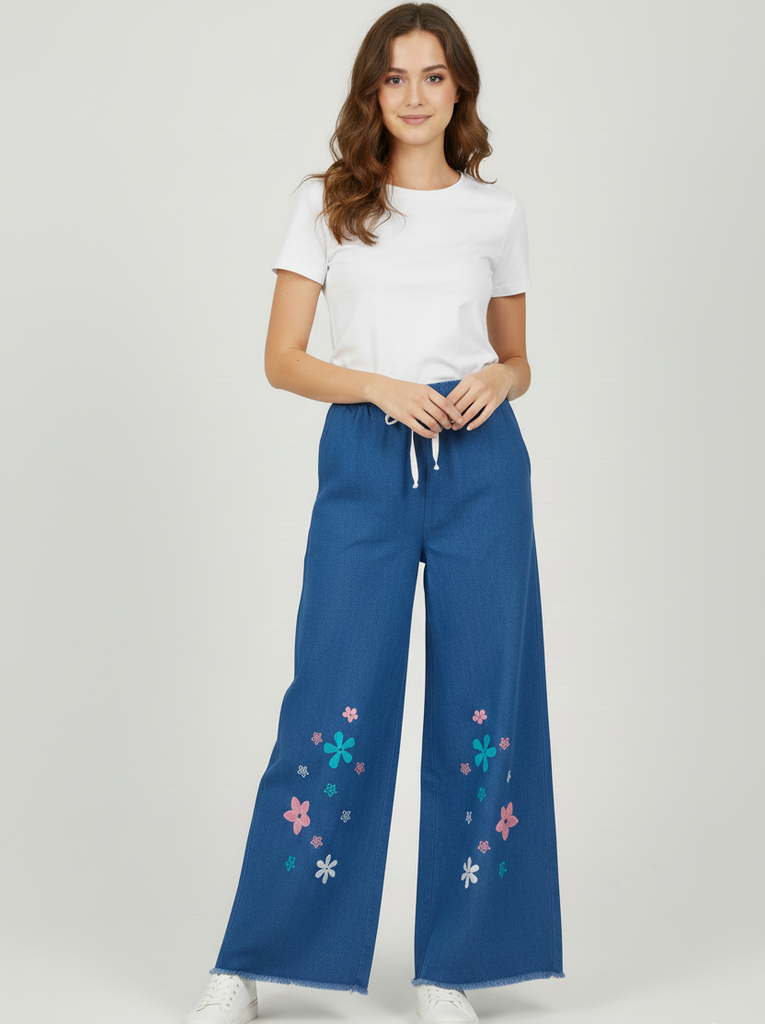 Blue Denim Wide Leg Jeans With Flower Embroidery