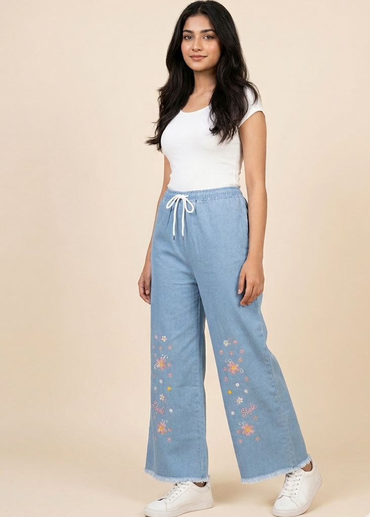 Sky Blue Denim Wide Leg Jeans With Stylish Embroidery