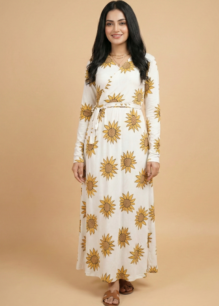 Sun Flower Patterned Double Breasted Long Dress