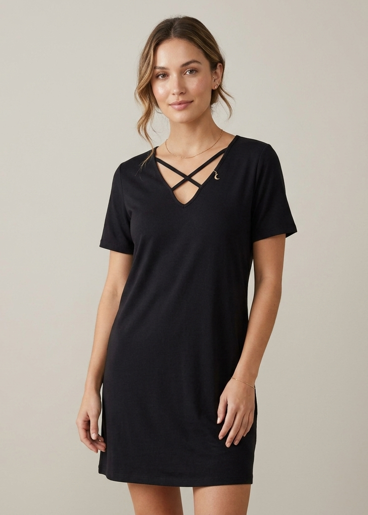 Black Criss-Cross Neck Short Sleeve Nightdress