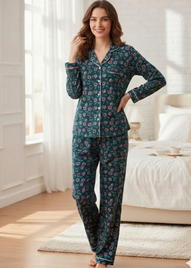 LINEN - Dark Green Floral Print Button-Down Pajama Set with Piping