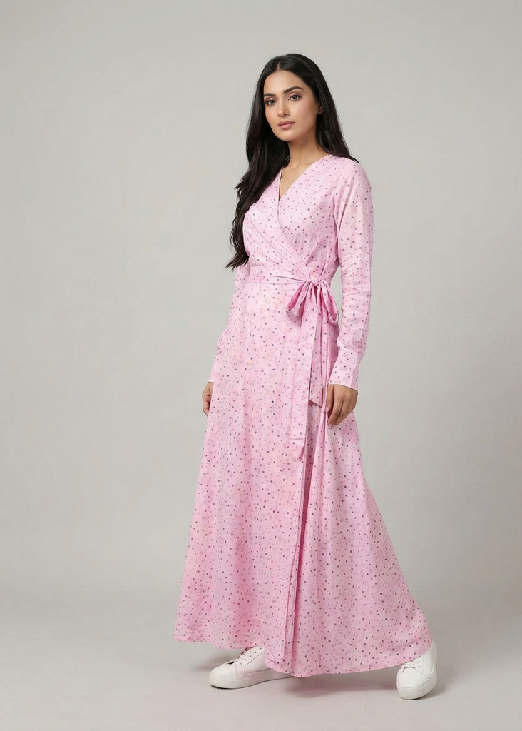Pink Polka Dot Double Breasted Long Dress