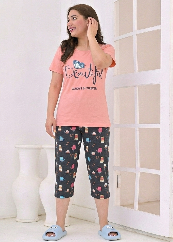 Coffee Print Capri Pajama Set