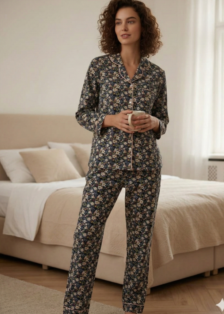 LINEN - Stylish Navy Blue Floral Button-Up Sleepwear