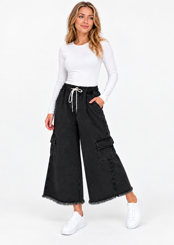 Cargo Black Wide Leg Elastic waist Pant