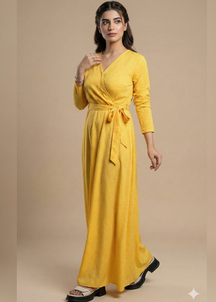 Yellow Polka Dot Double Breasted Long Dress