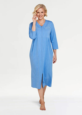Embroidered Zip Through Jersey Dressing Gown