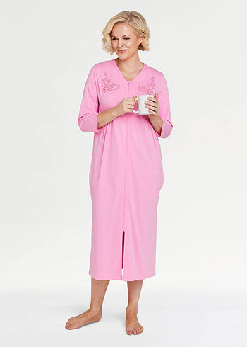 Embroidered Zip Through Jersey Dressing Gown