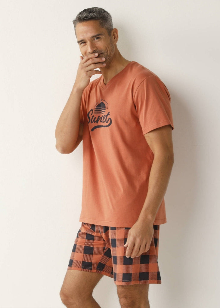 Short sleeve checked cotton short pajamas