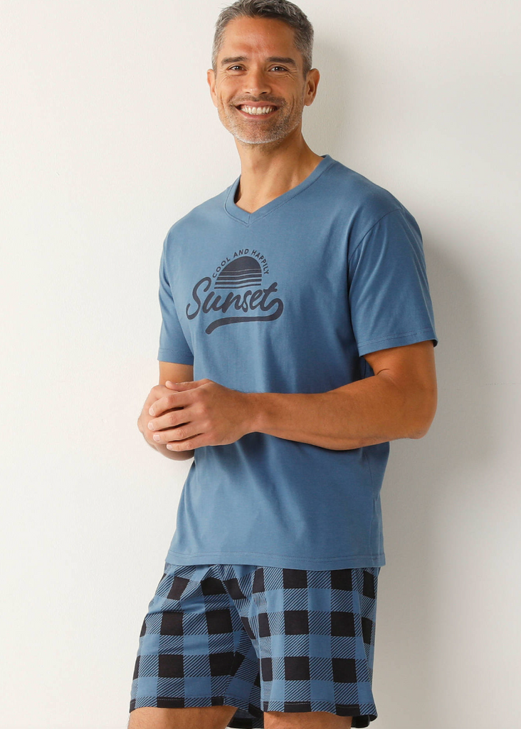 Short sleeve checked cotton short pajamas
