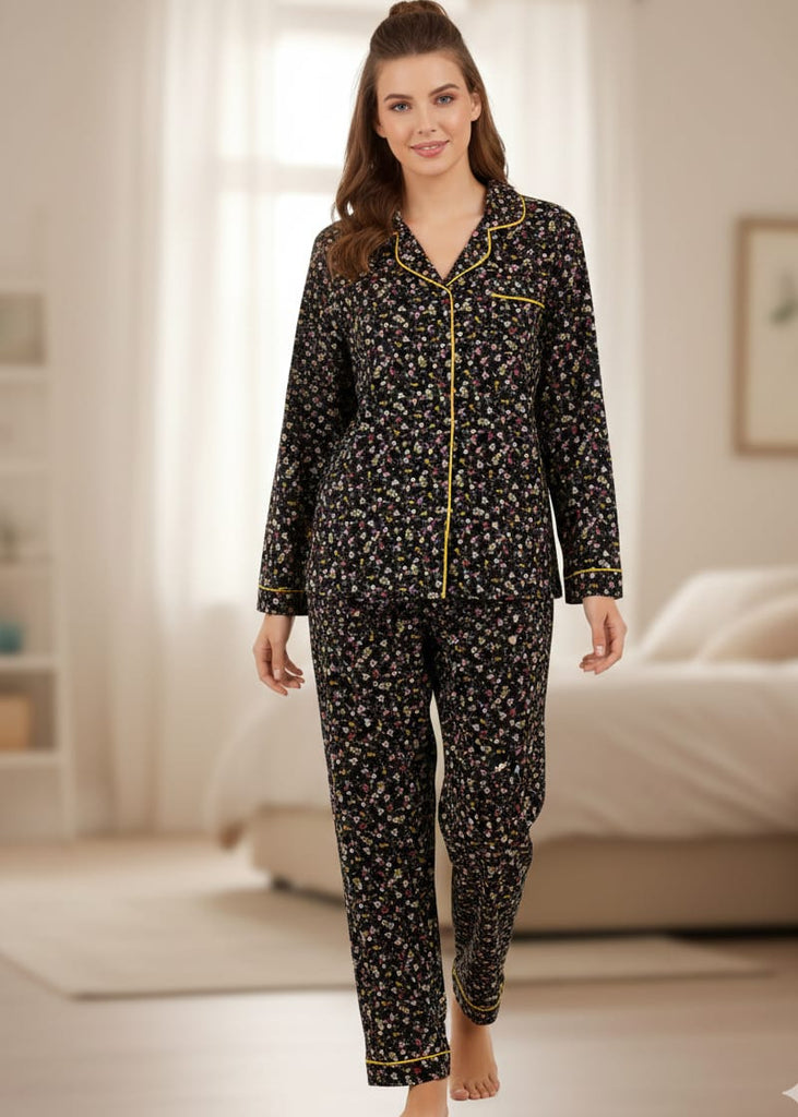 LINEN - Dark Floral Collared Sleepwear Set with Contrast Trim
