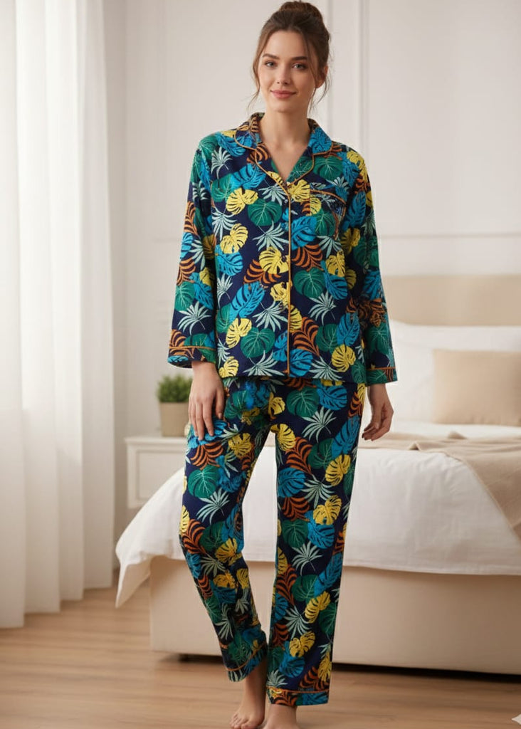 LINEN -Navy Blue Tropical Leaf Print Button-Down Pajama Set