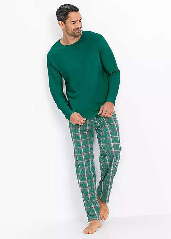 Long-sleeved checked cotton pajamas