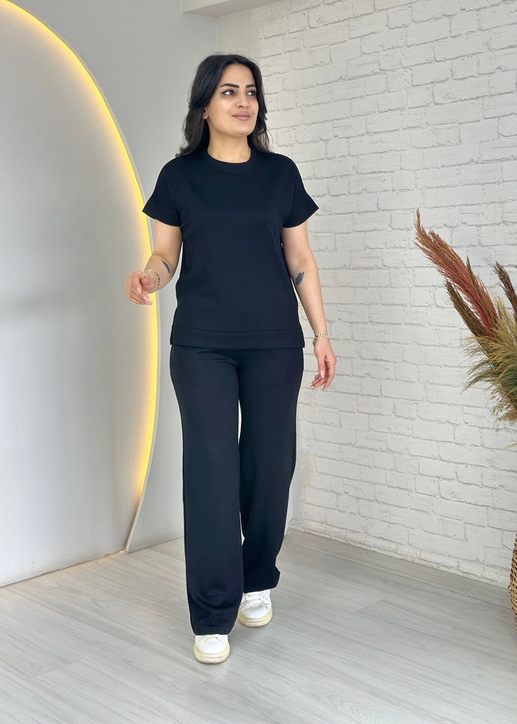 Navy Blue Crew Neck Short Sleeve Wide Leg Pocketed Two-Piece
