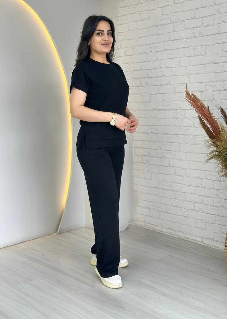 Black Crew Neck Short Sleeve Wide Leg Pocketed Two-Piece